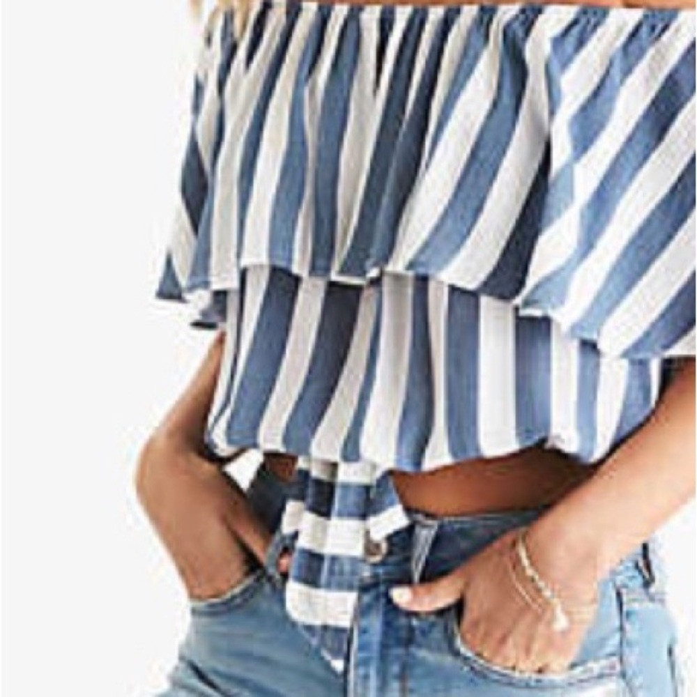 American Eagle Striped Off-Shoulder Top - Blue and White